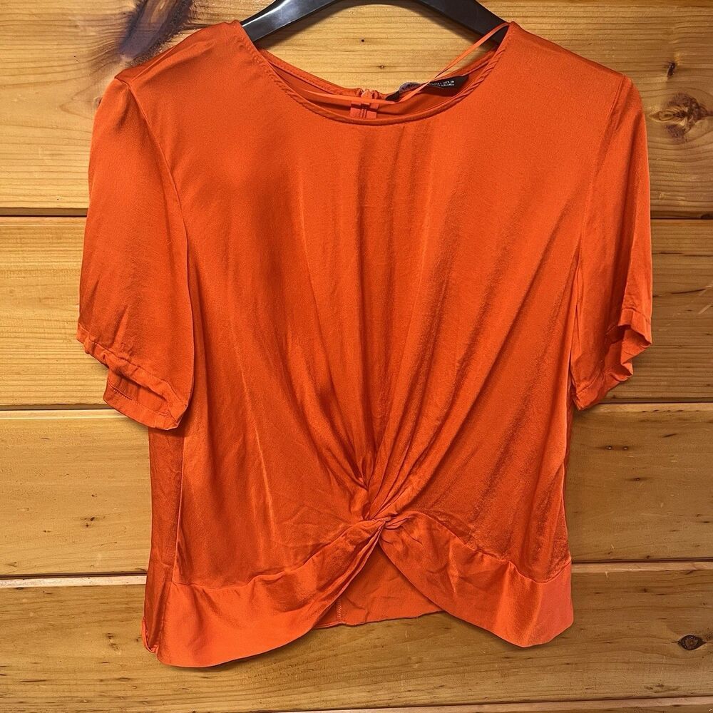 Chic ZARA Women Blouse Top L Orange V Neck Twist Knot Front Dolman Sleeve Shirt